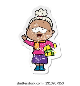 distressed sticker of a cartoon happy old lady