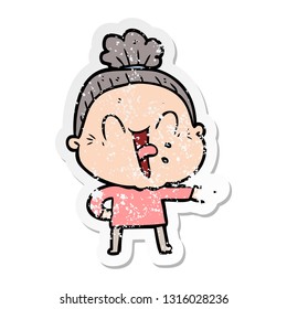 distressed sticker of a cartoon happy old woman