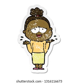 distressed sticker of a cartoon happy old lady