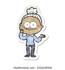 distressed sticker of a cartoon happy old woman
