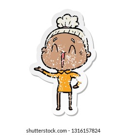 distressed sticker of a cartoon happy old lady