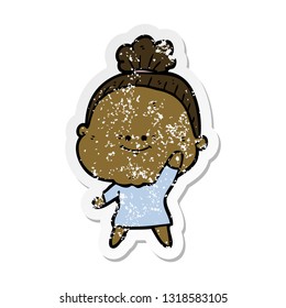 distressed sticker of a cartoon happy old woman