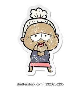 distressed sticker of a cartoon happy old lady
