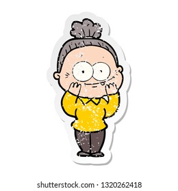 distressed sticker of a cartoon happy old woman