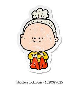 distressed sticker of a cartoon happy old woman