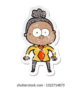 distressed sticker of a cartoon happy old woman