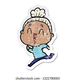 distressed sticker of a cartoon happy old lady