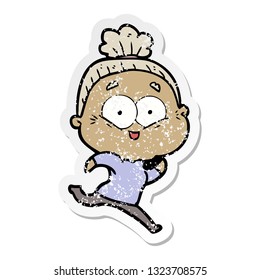 distressed sticker of a cartoon happy old woman
