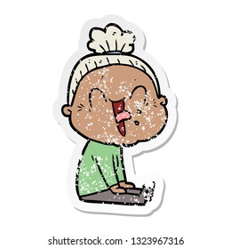 distressed sticker of a cartoon happy old woman