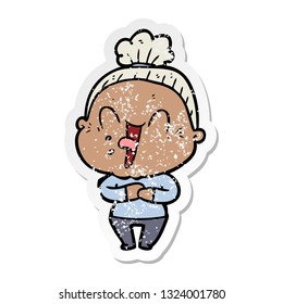 distressed sticker of a cartoon happy old woman