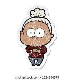 distressed sticker of a cartoon happy old woman