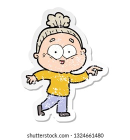distressed sticker of a cartoon happy old woman