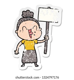 distressed sticker of a cartoon happy old woman