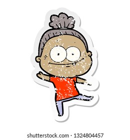distressed sticker of a cartoon happy old woman