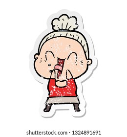 distressed sticker of a cartoon happy old woman