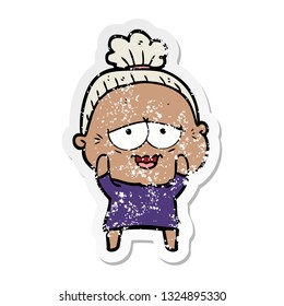 distressed sticker of a cartoon happy old lady