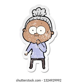 distressed sticker of a cartoon happy old woman