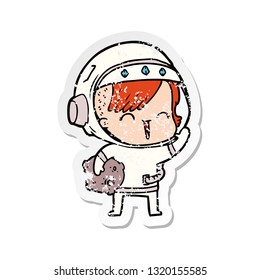 distressed sticker of a cartoon happy spacegirl holding moon rock