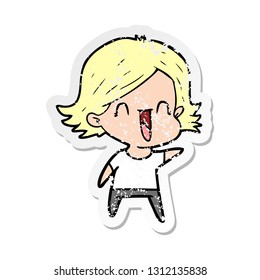 distressed sticker of a cartoon happy woman