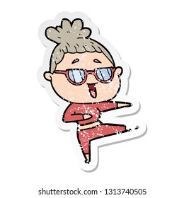 distressed sticker of a cartoon happy woman wearing spectacles