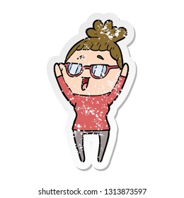 distressed sticker of a cartoon happy woman wearing spectacles