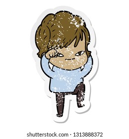 distressed sticker of a cartoon happy woman