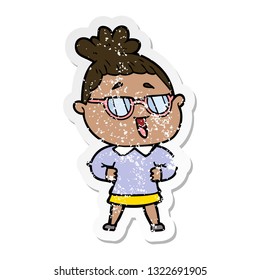 distressed sticker of a cartoon happy woman wearing spectacles