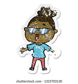 distressed sticker of a cartoon happy woman wearing spectacles