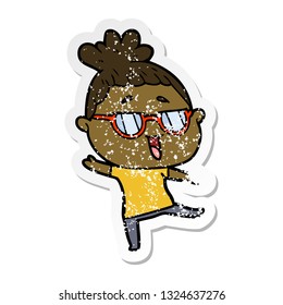 distressed sticker of a cartoon happy woman wearing spectacles
