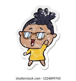 distressed sticker of a cartoon happy woman wearing spectacles