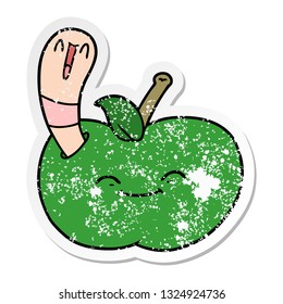 distressed sticker of a cartoon happy worm in an apple