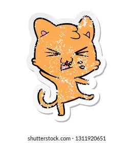 distressed sticker of a cartoon hissing cat