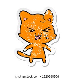 distressed sticker of a cartoon hissing cat