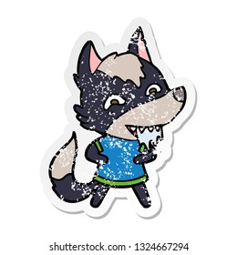 pegatina angustiada de una caricatura lobo hambriento