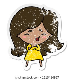 distressed sticker cartoon illustration of a cute kawaii girl