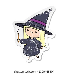 distressed sticker cartoon illustration of a cute kawaii witch girl