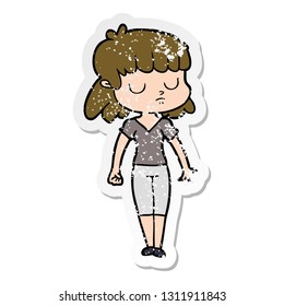 distressed sticker of a cartoon indifferent woman