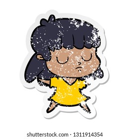 distressed sticker of a cartoon indifferent woman