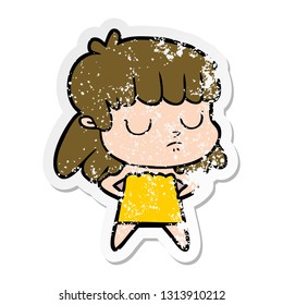 distressed sticker of a cartoon indifferent woman