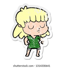 distressed sticker of a cartoon indifferent woman