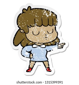 distressed sticker of a cartoon indifferent woman accusing