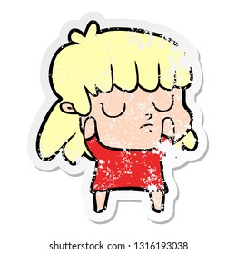 distressed sticker of a cartoon indifferent woman