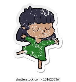 distressed sticker of a cartoon indifferent woman dancing