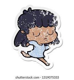 distressed sticker of a cartoon indifferent woman running