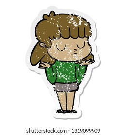 distressed sticker of a cartoon indifferent woman