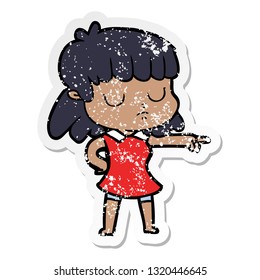 distressed sticker of a cartoon indifferent woman pointing