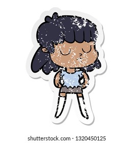 distressed sticker of a cartoon indifferent woman