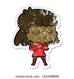 distressed sticker of a cartoon indifferent woman