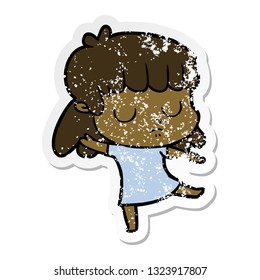 distressed sticker of a cartoon indifferent woman dancing