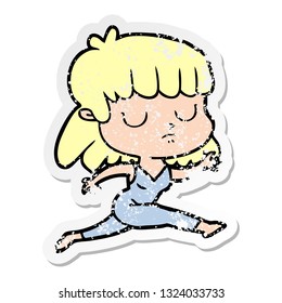 distressed sticker of a cartoon indifferent woman running